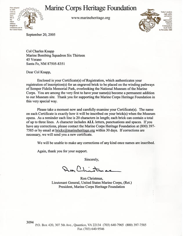 Memorial Brick Registration Letter